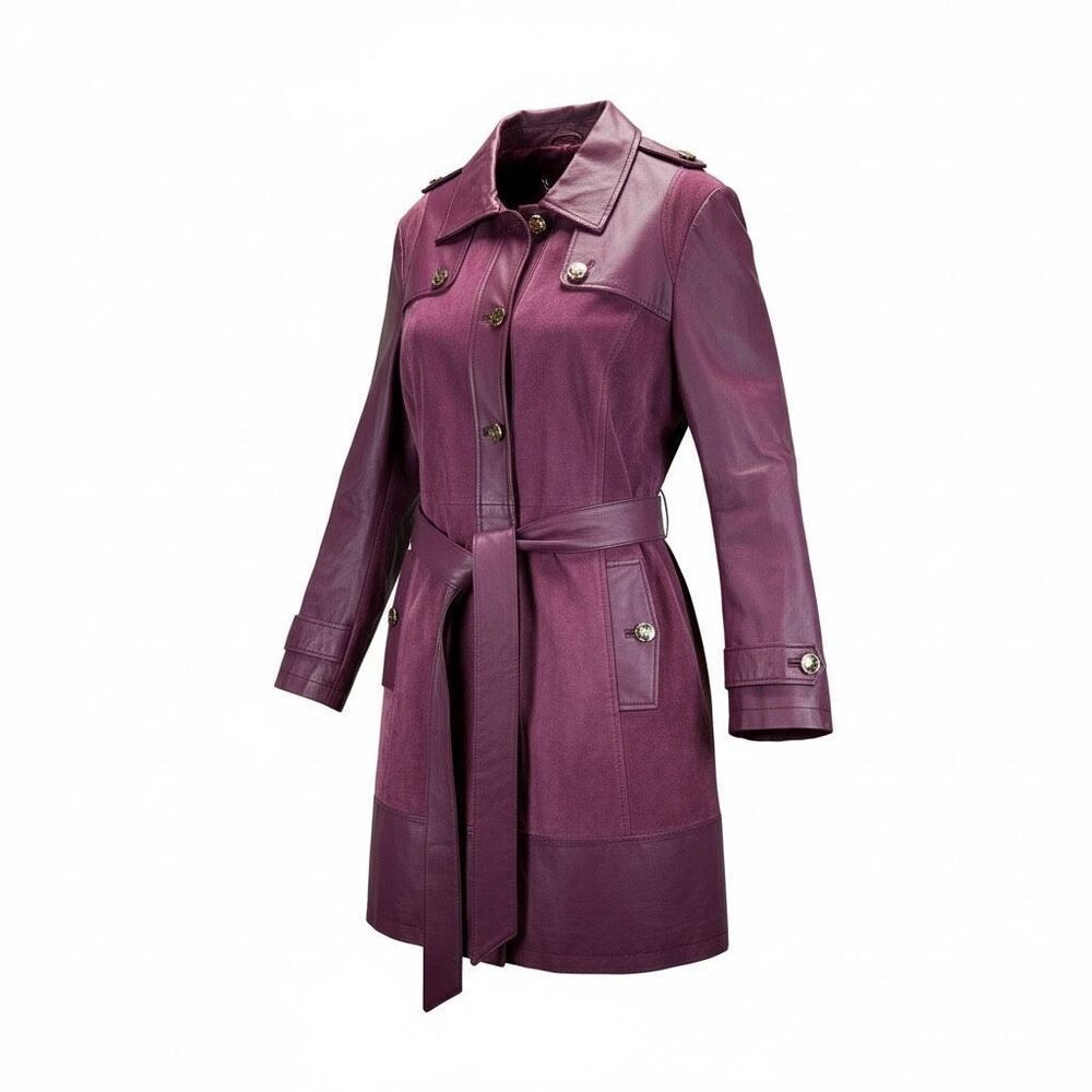 IMAN Purple Genuine Leather & Suede Trench Coat Jacket 1X